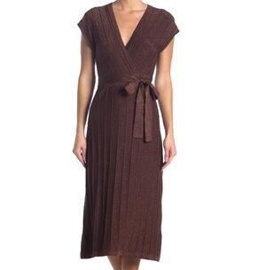 Elegant Knit Wrap Tie Midi Dress Pleated Bronze Brown Sparkle Size S NWOT